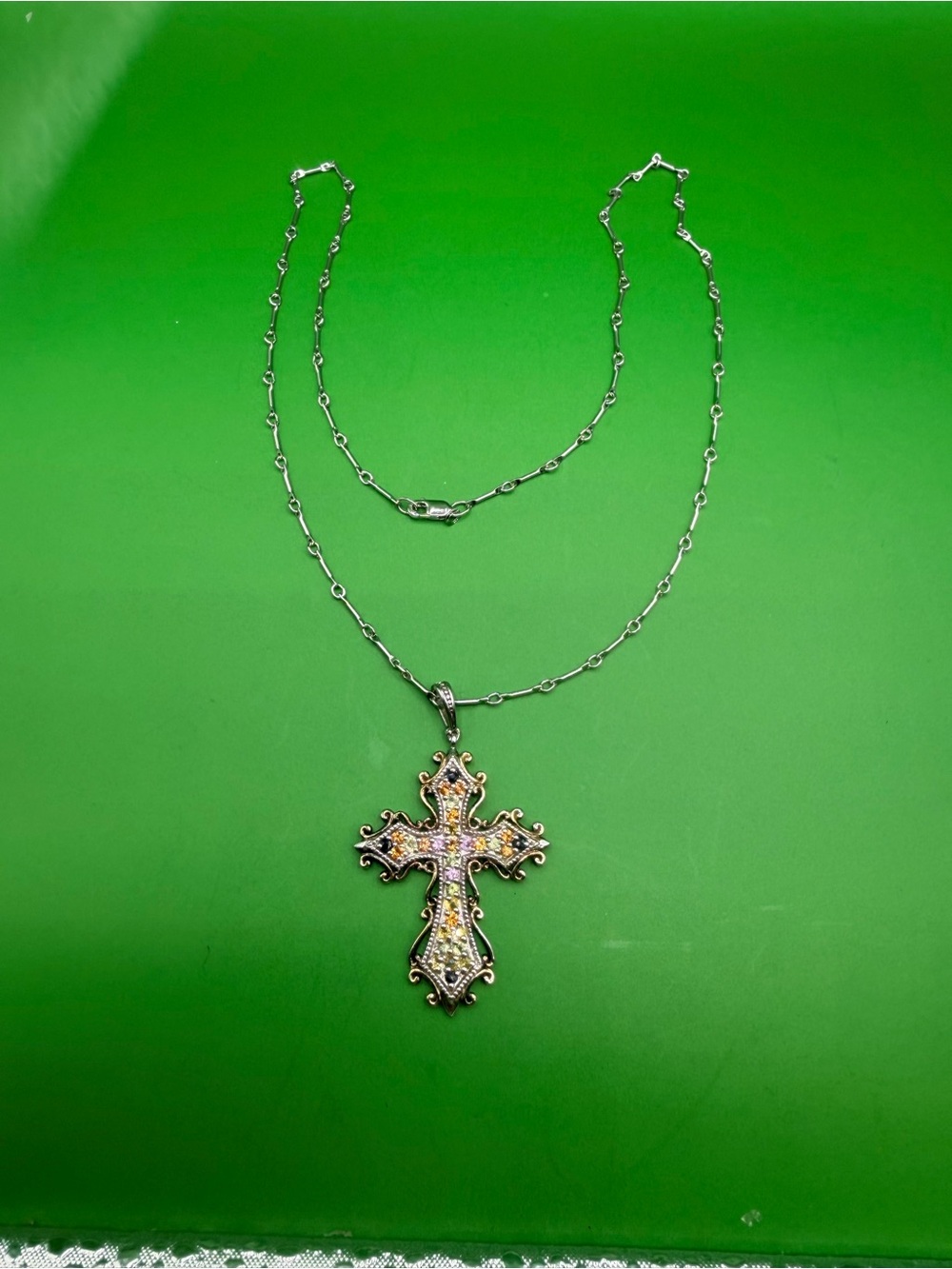 925 Sterling Silver Multicolor Sapphire Cross Pendant & 19.5” Chain.